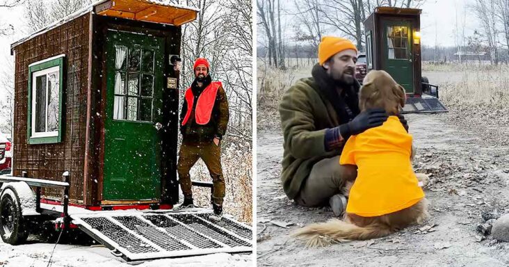 Camping d’hiver dans une cabane confortable avec un fidèle Golden Retriever