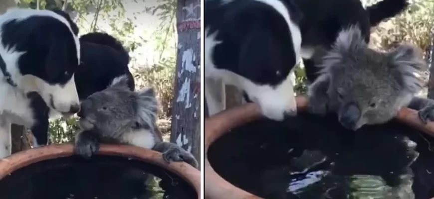 Un chien de famille et un koala assoiffé sont capturés dans un moment adorable alors qu’ils boivent ensemble