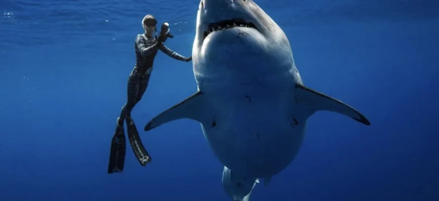 Une caméra filme des plongeurs nageant avec le plus grand requin blanc du monde